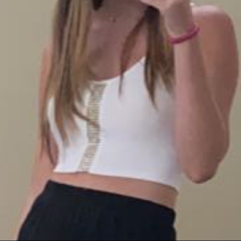White LF Rhinestone Middle Cropped Tank Top - Picture 2 of 3